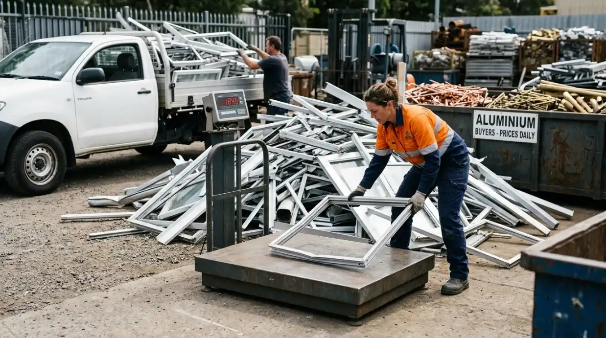 Worker weighing aluminium window frames and offcuts at a Sydney scrap metal yard for recycling