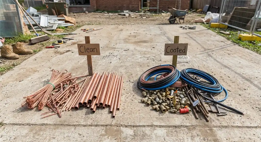Clean scrap metal copper pipes compared to coated cable and fittings before scrap metal processing
