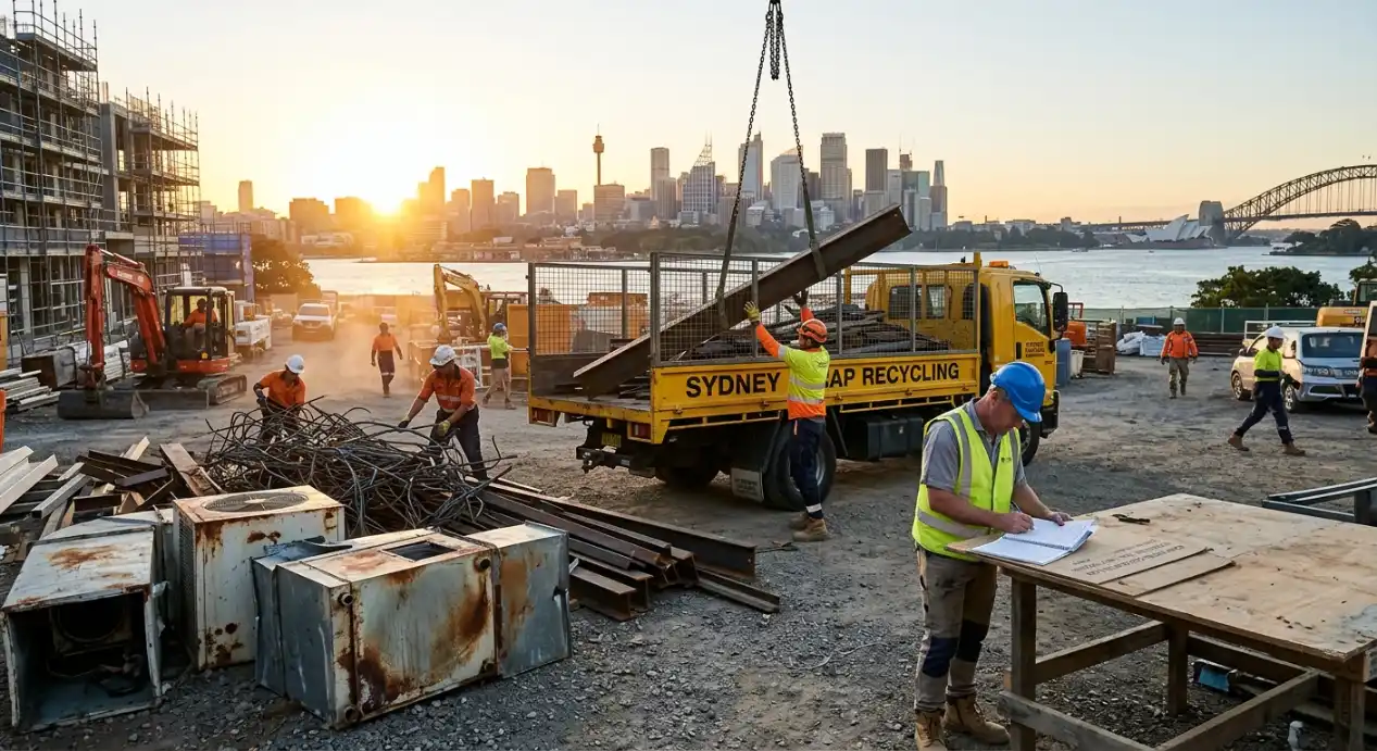 Workers loading steel beams onto a Sydney scrap recycling truck as part of commercial metal recycling collection