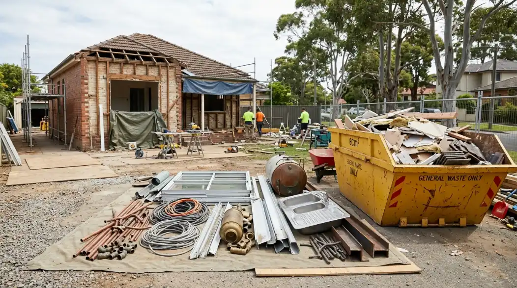Sorted construction scrap metal, including copper wiring, steel offcuts, and a stainless steel sink, laid out next to a general waste skip bin on a demolition site