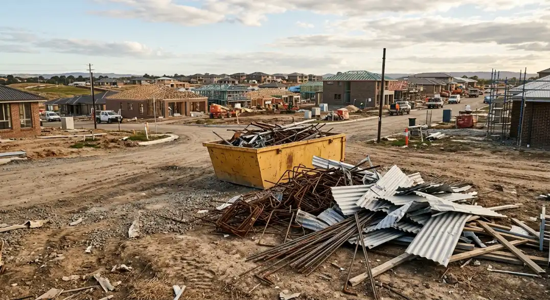 Pile of construction scrap metal and skip bin at a Western Sydney housing development site