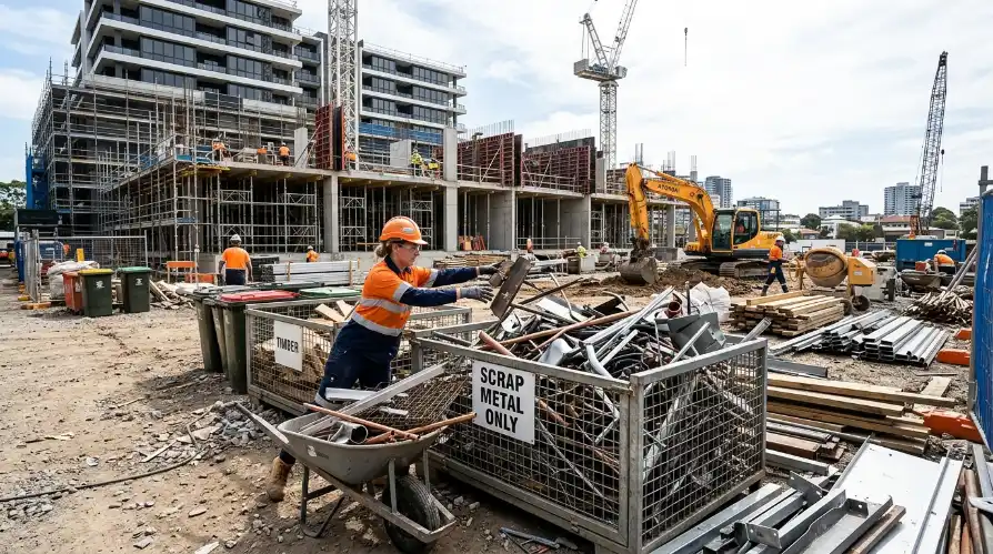 Construction worker sorting scrap metal into a site collection cage at a Sydney building site
