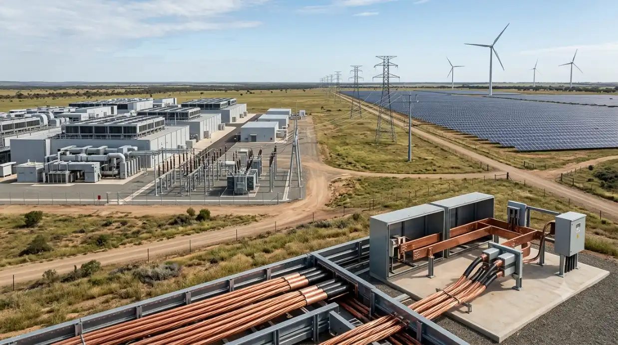 Copper cabling at a substation connecting a data center to a solar farm and grid transmission lines