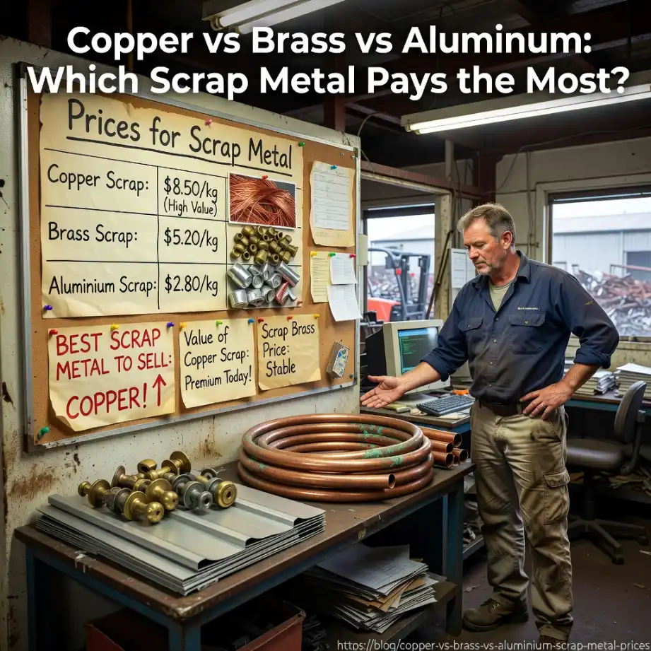 Price board comparing scrap metal prices for copper, brass, and aluminium at a Sydney recycling yard