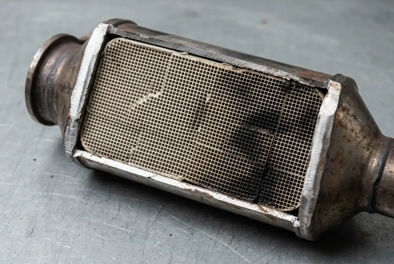 Cutaway of a diesel particulate filter showing the ceramic honeycomb core inside