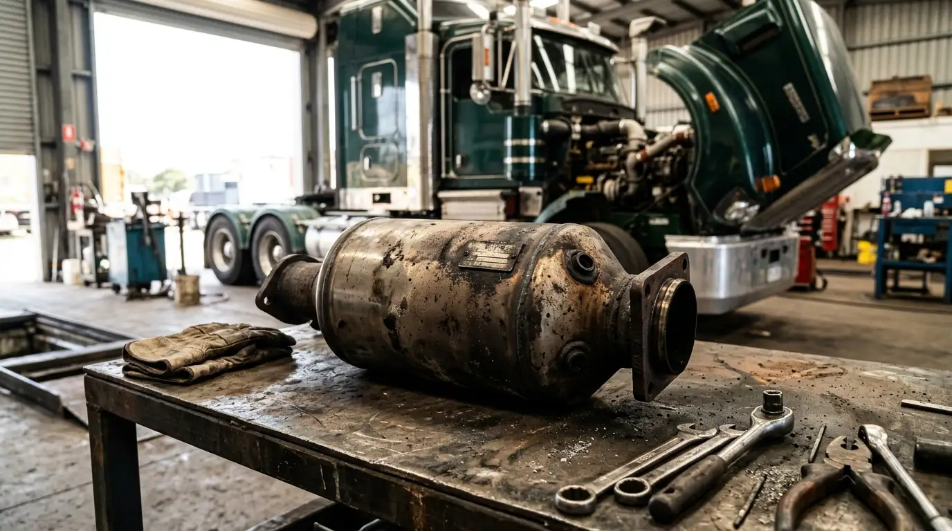 Removed truck DPF on a workshop bench ready for recycling in Sydney