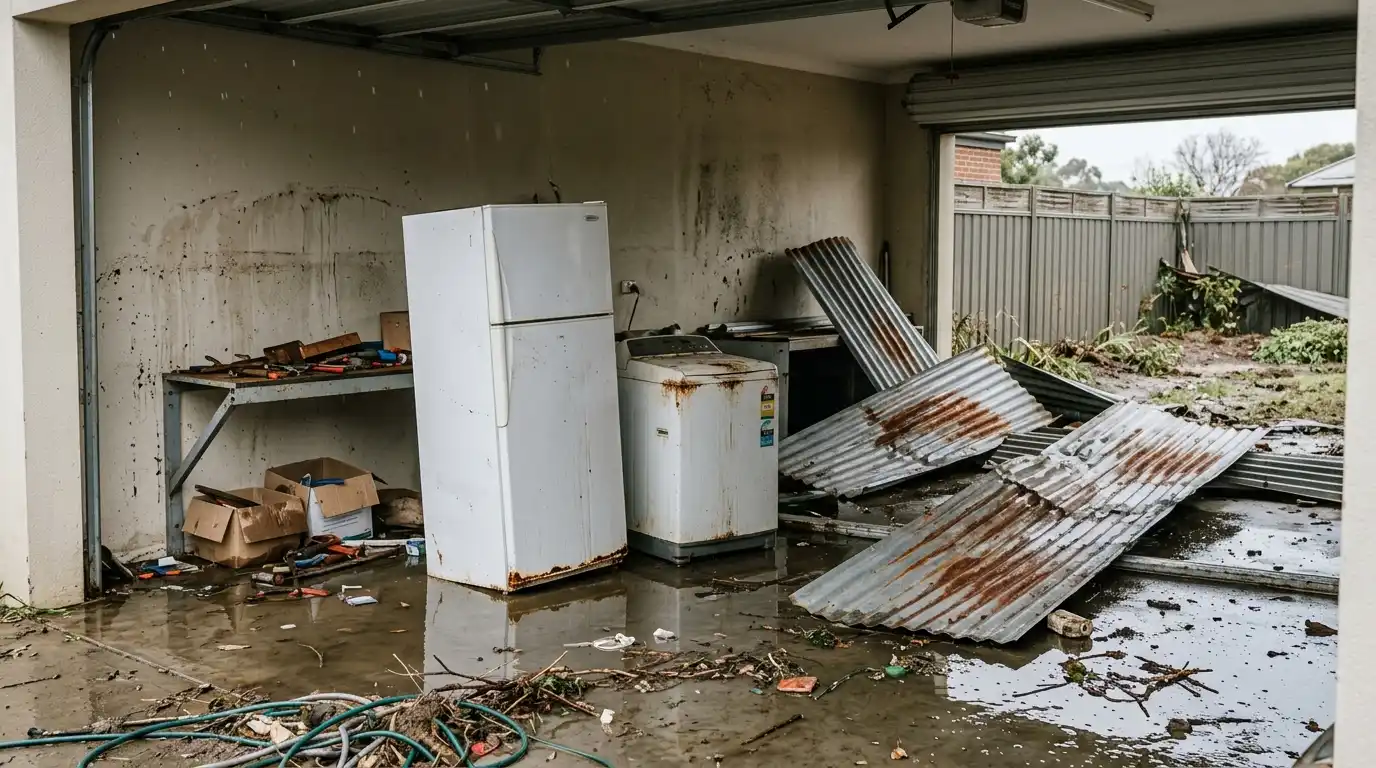 Flood-damaged fridge, washing machine, and sheared roofing sheets sitting in standing water after a storm