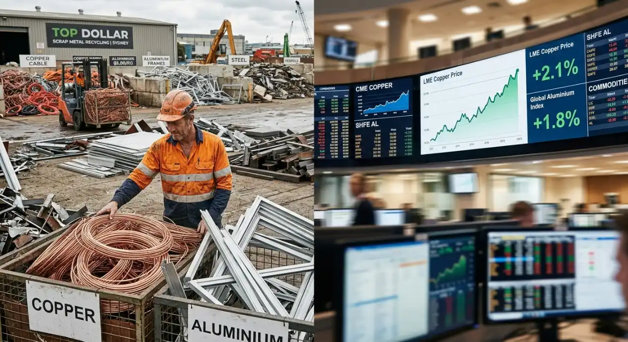Sydney scrap yard worker sorting copper and aluminium next to global scrap metal prices on trading screens, showing how metal prices Australia-wide affect Sydney scrap yard rates.