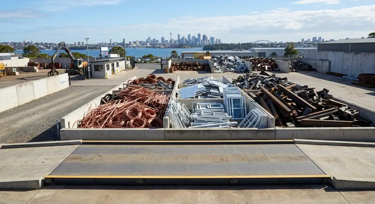 Licensed scrap metal recycling yard in Sydney with sorted copper, aluminium, and steel materials