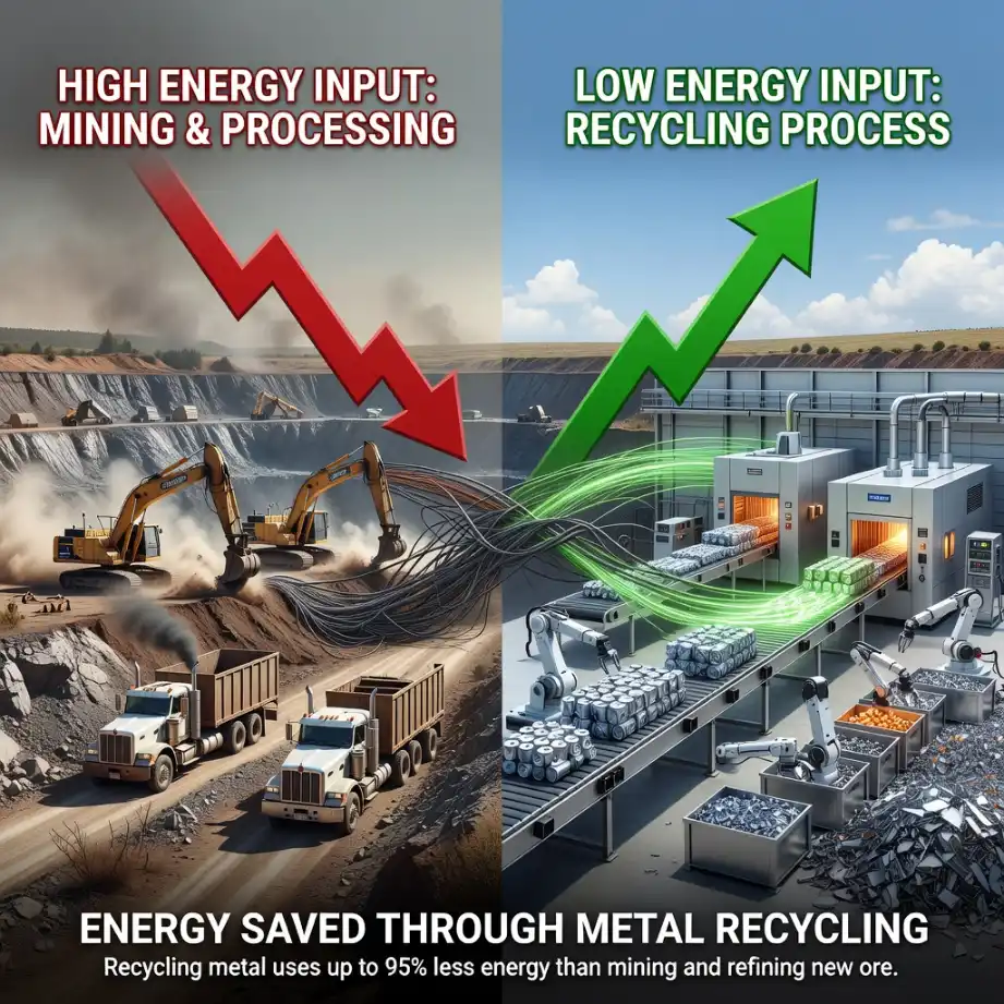 Split-scene illustration contrasting high-energy mining and processing operations with excavators and trucks against a low-energy automated metal recycling facility, showing recycling uses up to 95% less energy than mining and refining new ore