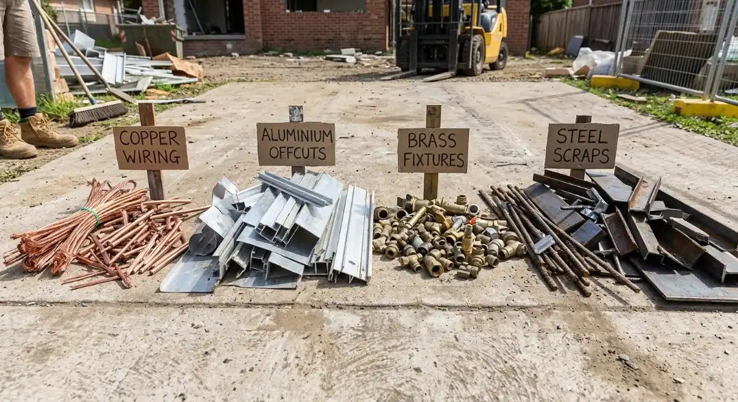 Mixed metal scrap sorted into copper, aluminium, brass, and steel piles to determine scrap metal value