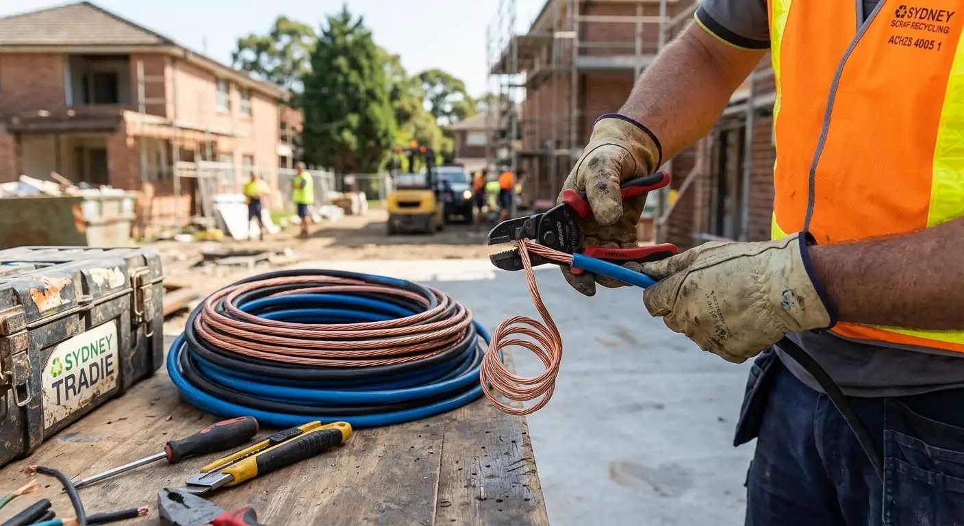 Tradesman using cutters to remove rubber and plastic from copper cable on a Sydney construction site