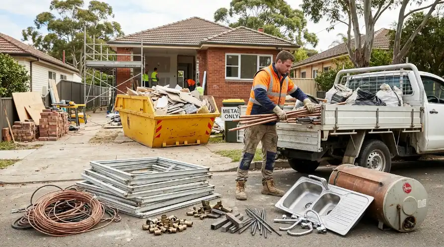 Tradesperson loading sorted copper pipes, aluminum frames, and a hot water system onto a truck for scrap metal pickup at a Sydney renovation site