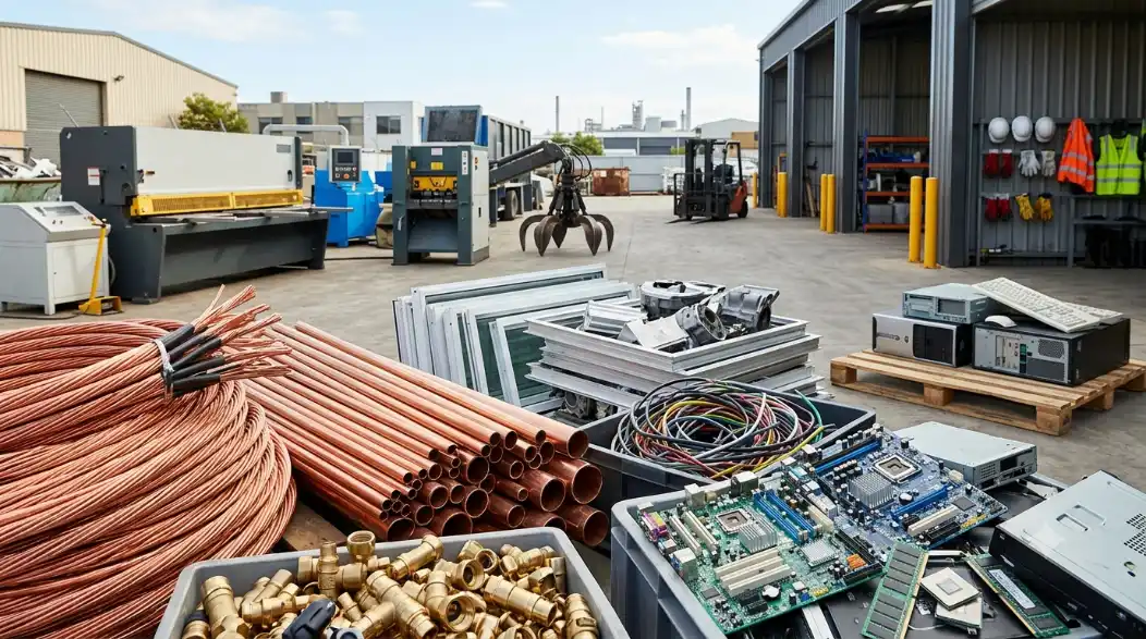 Sorted copper cable, brass fittings, and e-waste circuit boards at a Sydney scrap metal recycling yard