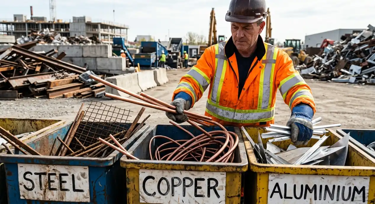 Worker sorting steel, copper, and aluminium scrap into labelled bins at a Sydney scrap metal collection site