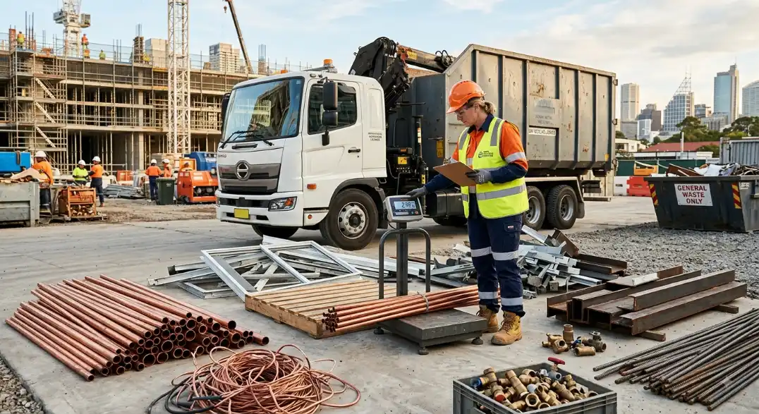 Scrap metal collection Sydney crew weighing copper pipe and steel offcuts for on-site payout