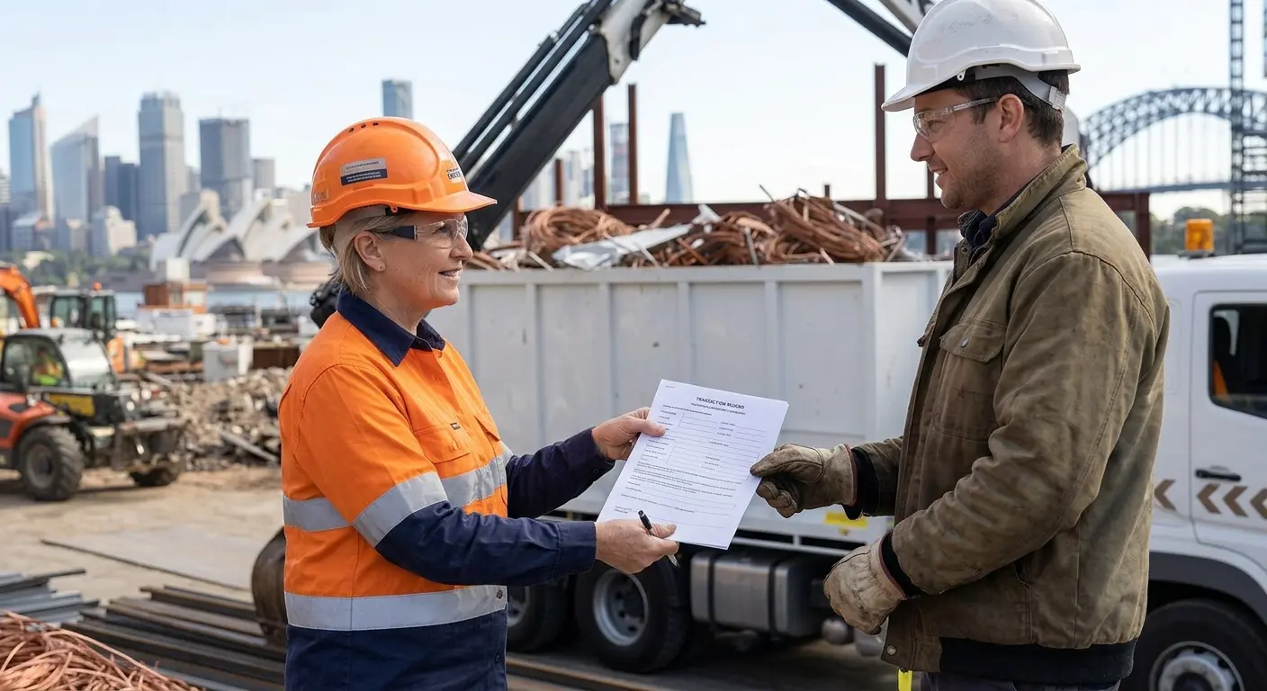 Construction site supervisor and registered scrap metal dealer signing a transaction record for compliant disposal