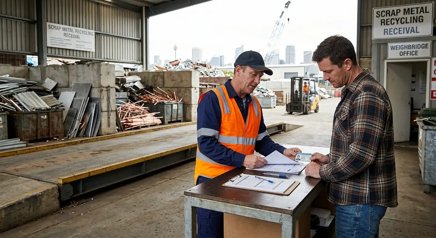 Recycling yard worker verifying a customer’s ID before accepting scrap metal in Sydney