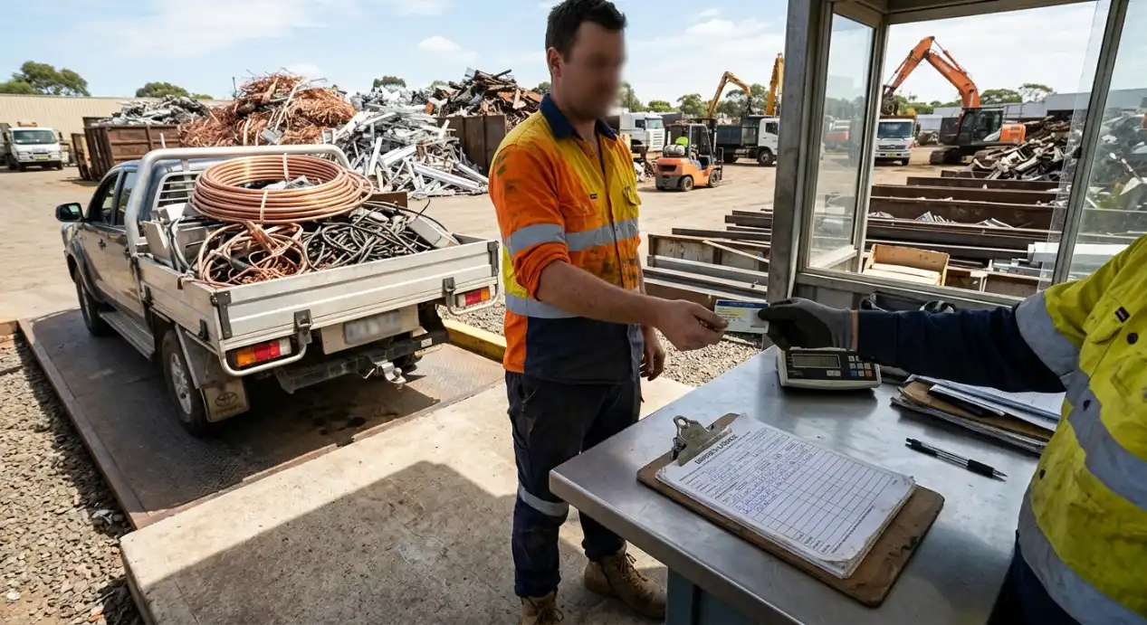 Tradie presenting photo ID at a NSW scrap yard weigh station, showing the identification required to sell scrap metal legally