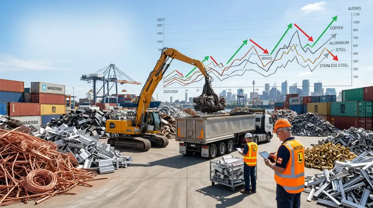 Steel coils being transported by rail with an upward market graph illustrating scrap metal market prices, global metal demand, and factors affecting scrap value
