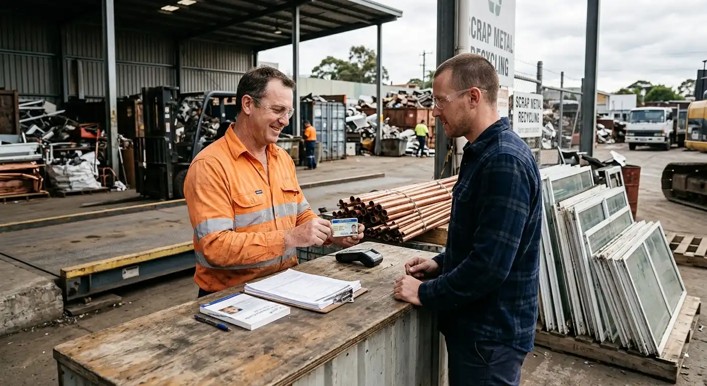 Recycling yard staff verifying a customer’s ID before accepting scrap metal for recycling