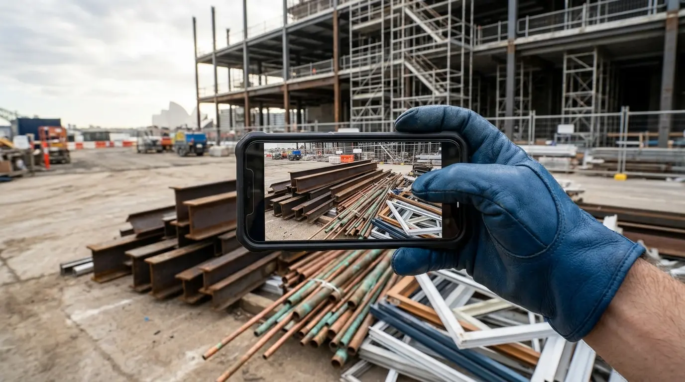 Tradie taking a phone photo of mixed scrap metal at a Sydney construction site to get a scrap metal photo quote