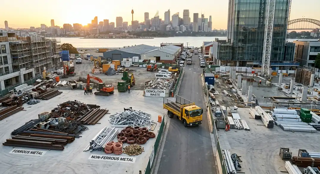 Scrap metal pickup service truck collecting sorted ferrous and non-ferrous metal at a Sydney construction site