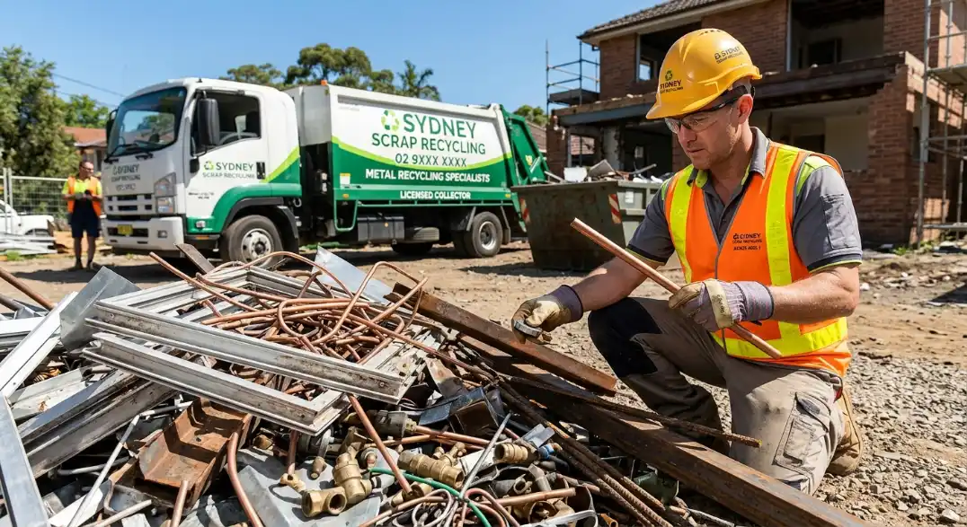 Scrap metal recycler sorting copper pipes and steel offcuts at a Sydney construction site pickup