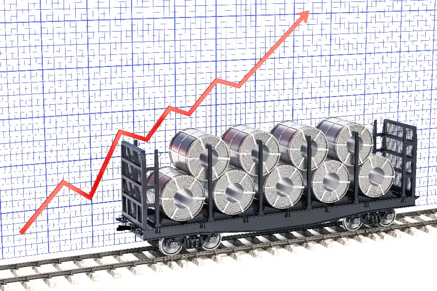 Scrap metal recycling yard in Sydney with copper, aluminium, steel and brass scrap alongside a market trend graph showing scrap metal price trends and fluctuating scrap metal market prices