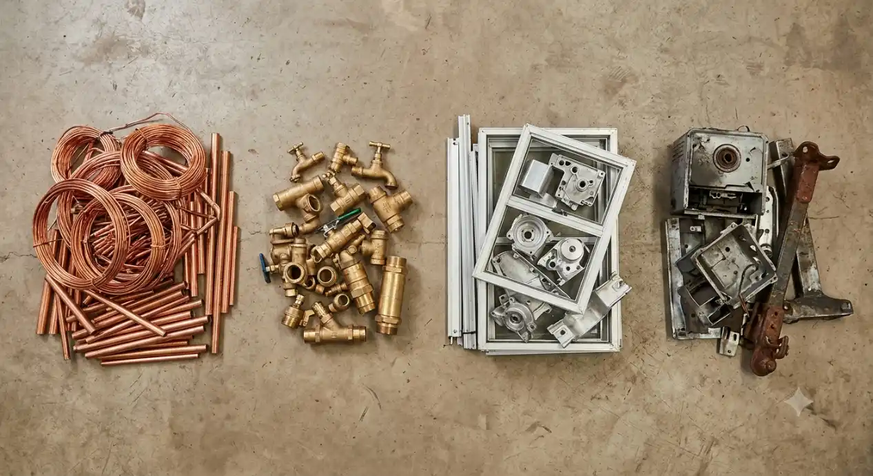 Sorted copper, brass, aluminium and steel scrap showing how scrap metal prices Sydney yards pay vary by metal type