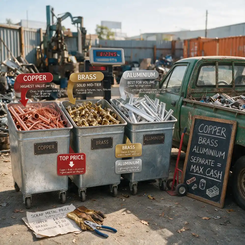 Sorted bins of copper, brass, and aluminium scrap showing per kg prices for scrap metal in Sydney