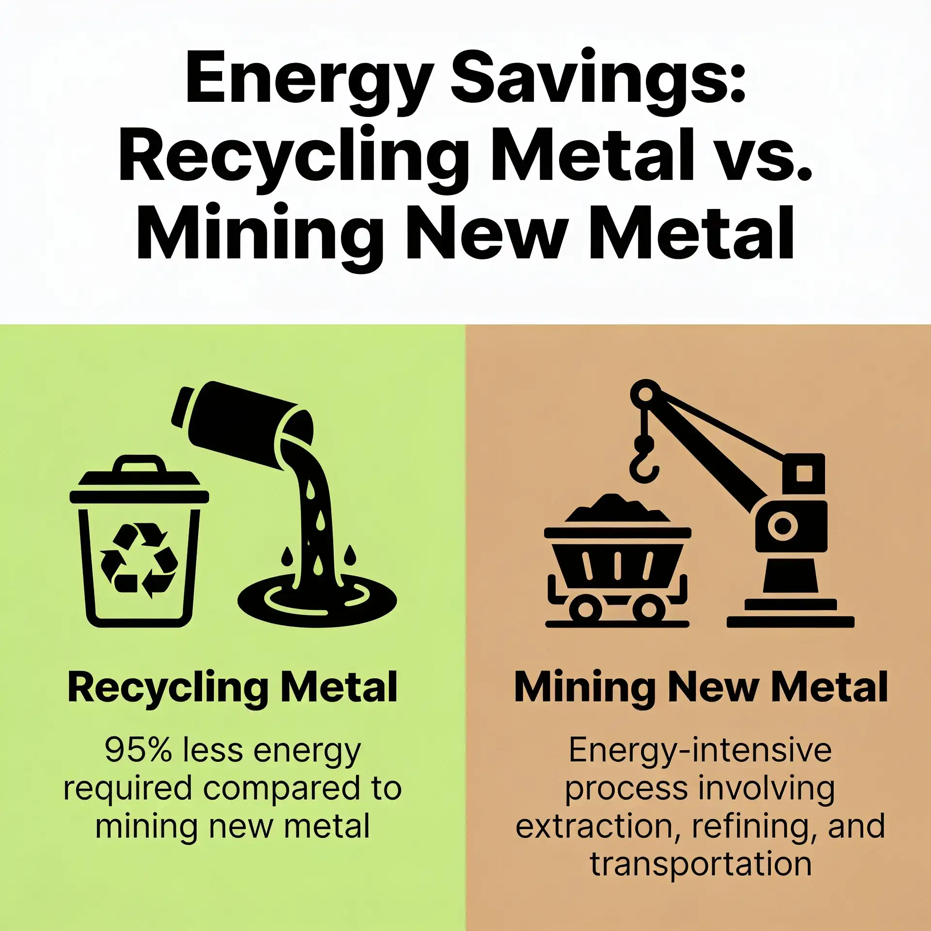 Split-scene infographic comparing recycling metal versus mining new metal, showing recycling saves 95% less energy than mining, which involves energy-intensive extraction, refining, and transportation