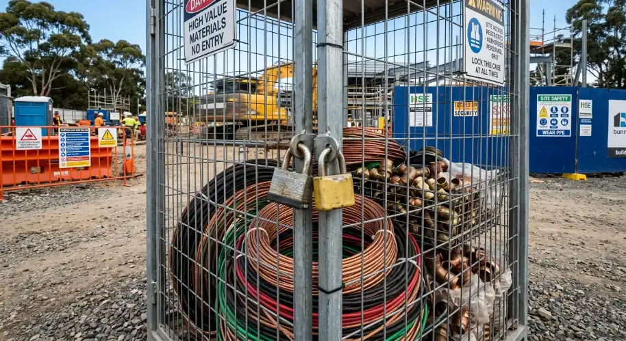Locked cage securing copper wiring and fittings on an Australian construction site to prevent scrap metal theft under NSW regulations