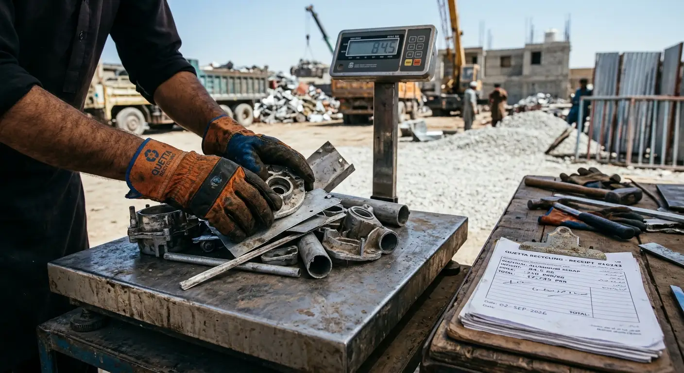 Worker sorting aluminium scrap parts on an industrial scale before selling to a recycler