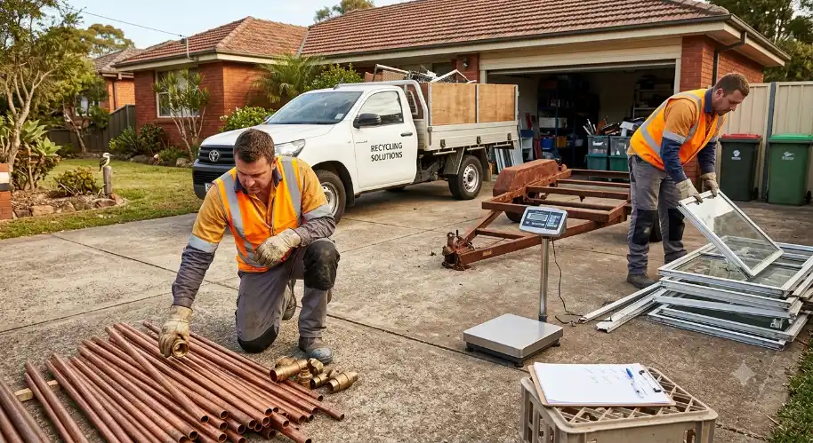 Recycling team collecting and weighing scrap metal in a Sydney driveway, offering same-day sell scrap metal near me service