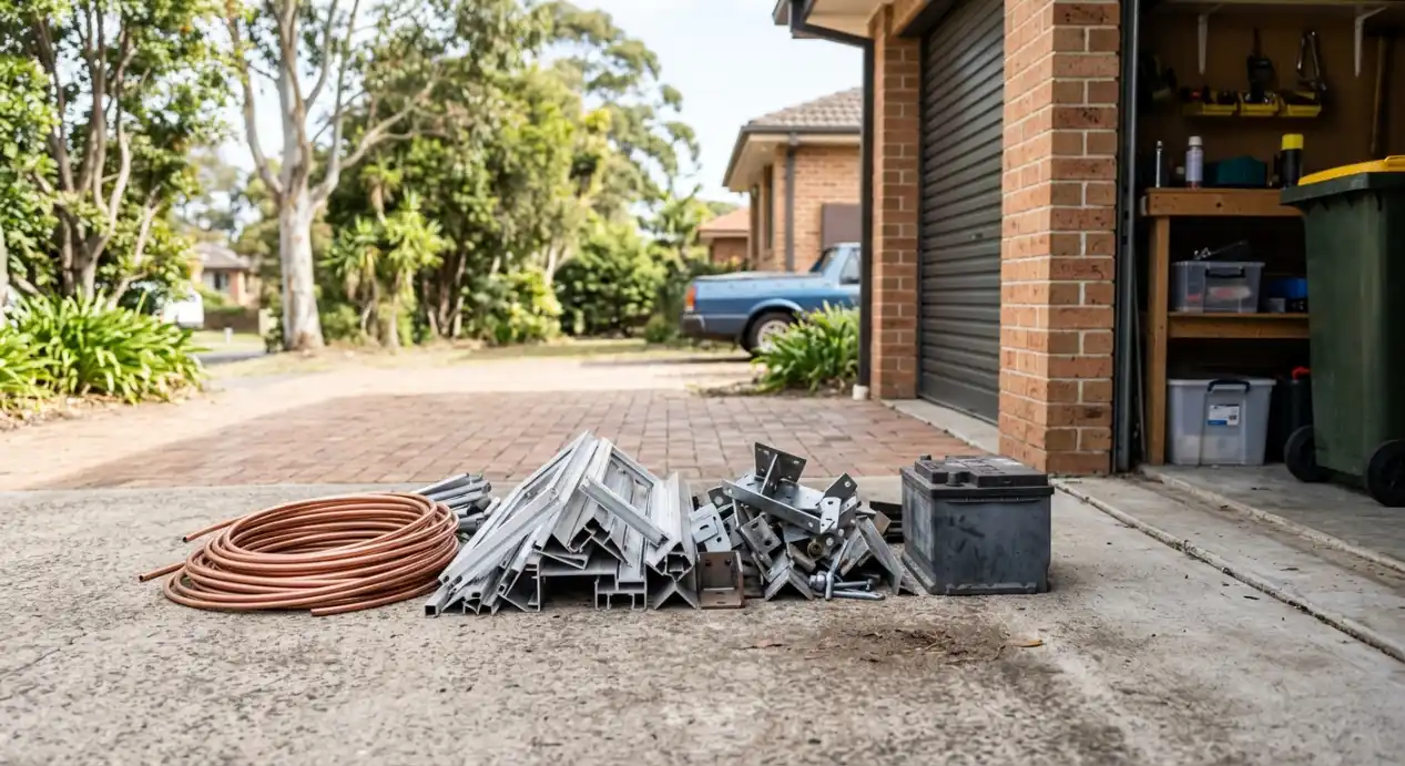A sorted pile of household scrap metal on a driveway ready for pickup, including coiled copper piping, aluminium window frames, steel brackets, and an old car battery outside an open garage.