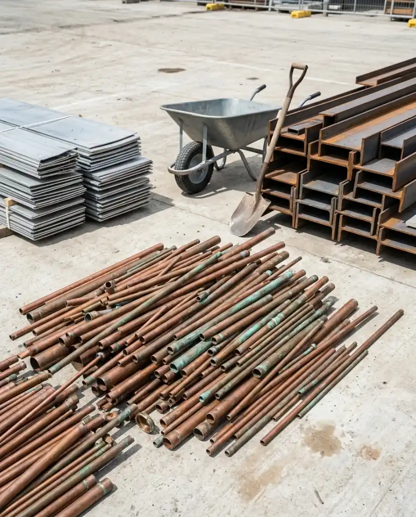 Sorted scrap metal pile with copper pipes, steel beams, and aluminium sheets ready for a scrap metal quote in Sydney
