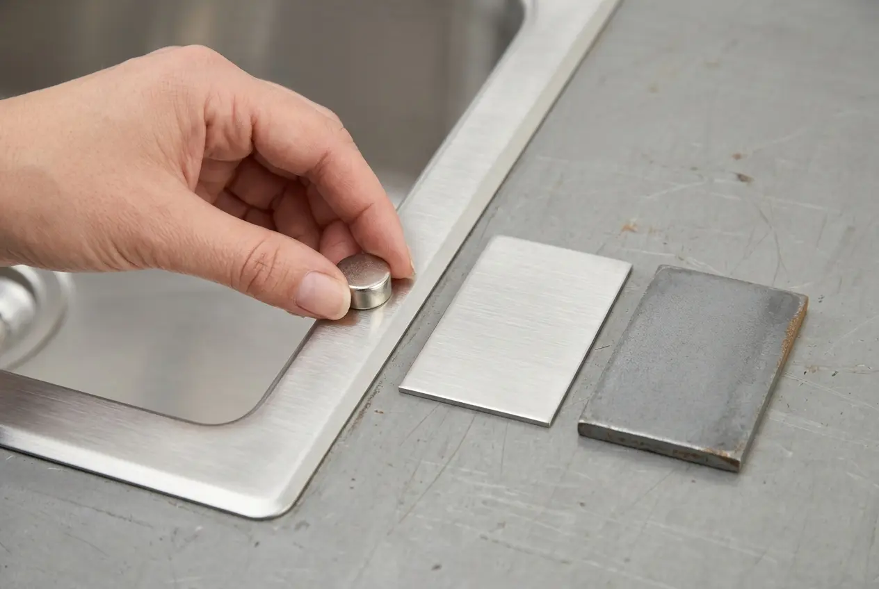 Magnet test on a stainless steel sink to check scrap grade