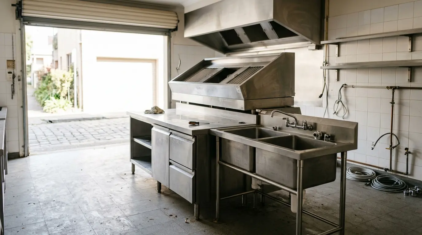 Stainless steel sink, bench and canopy ready for scrap collection from a commercial kitchen in Sydney