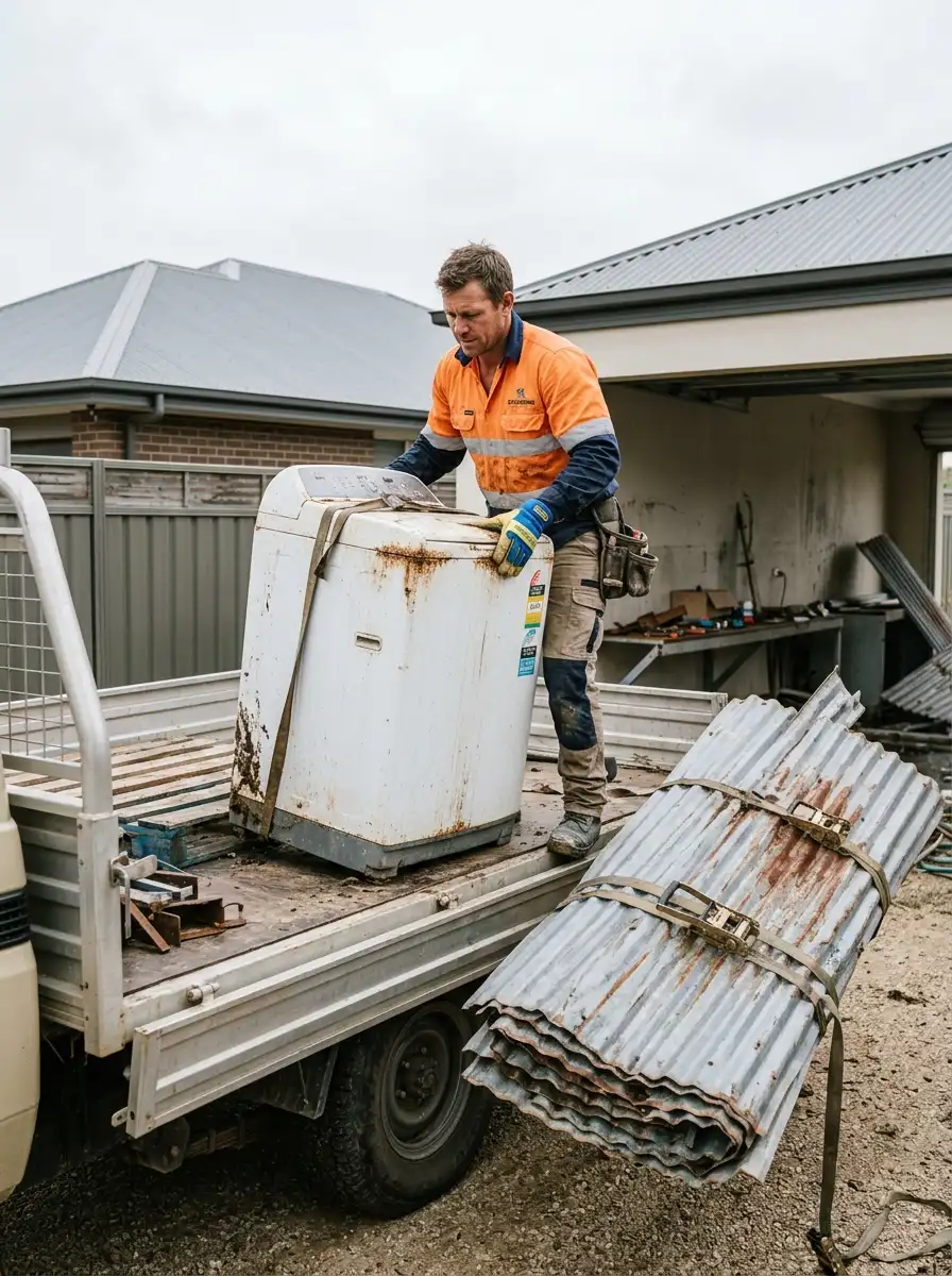 Tradesperson loading rusted, storm-damaged washing machine and roofing sheets for scrap metal recycling