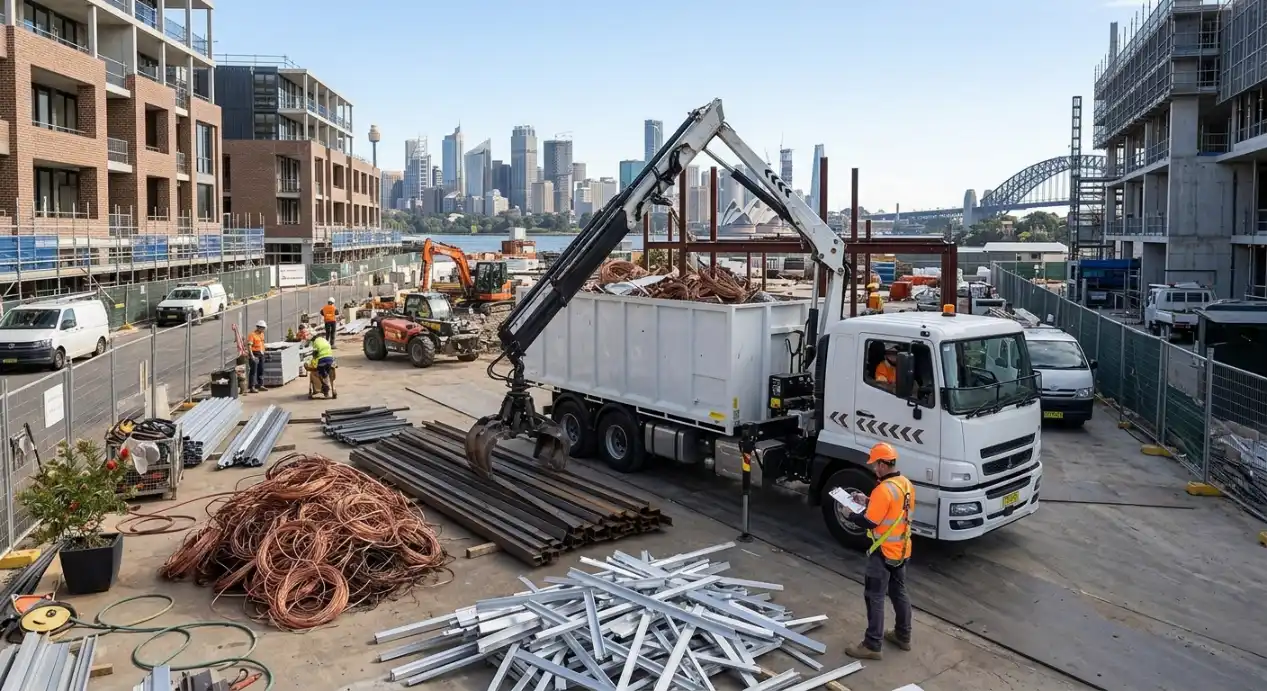 Licensed scrap metal collection truck loading steel offcuts and copper wire at a Sydney construction site