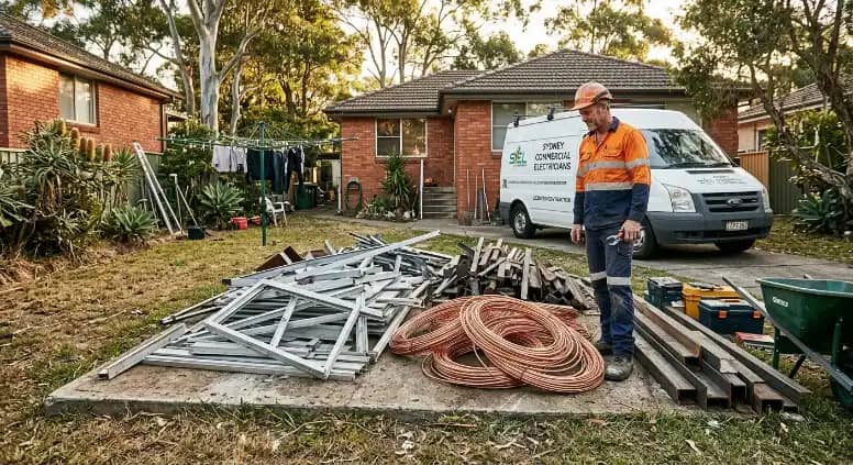 Tradesman standing beside stripped copper wire, aluminium frames, and steel offcuts from a Sydney commercial rewiring job, illustrating current scrap metal prices before a scrap drop-off