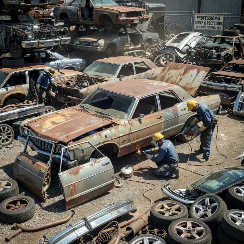 Workers legally dismantling scrap cars at a licensed vehicle recycling yard in NSW