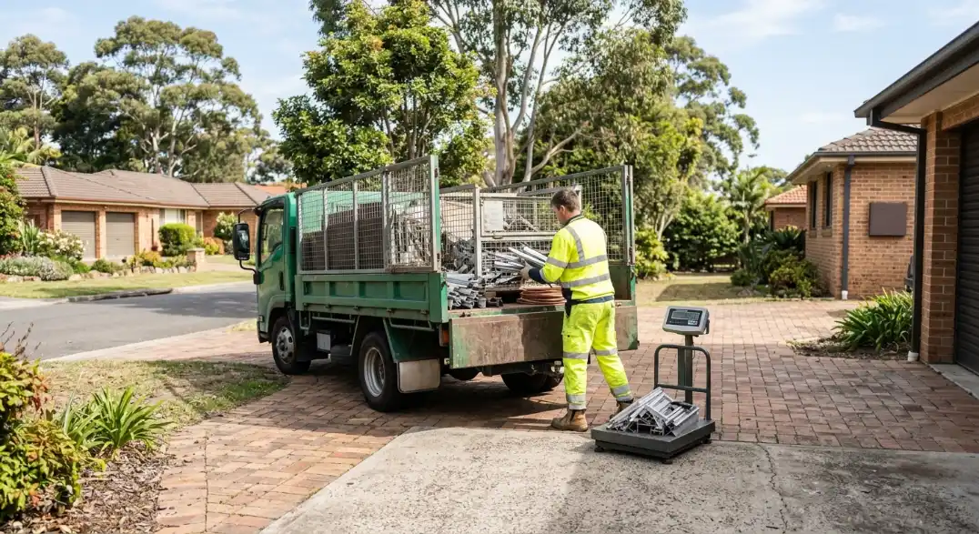A worker in high-visibility clothing weighs collected scrap metal on a portable scale beside a loaded recycling truck in a residential Sydney driveway.