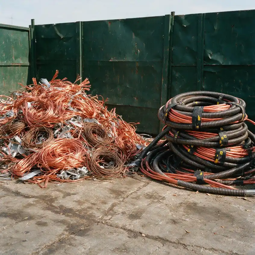 Copper wire scrap and coiled armoured cable at a Sydney metal recycling yard