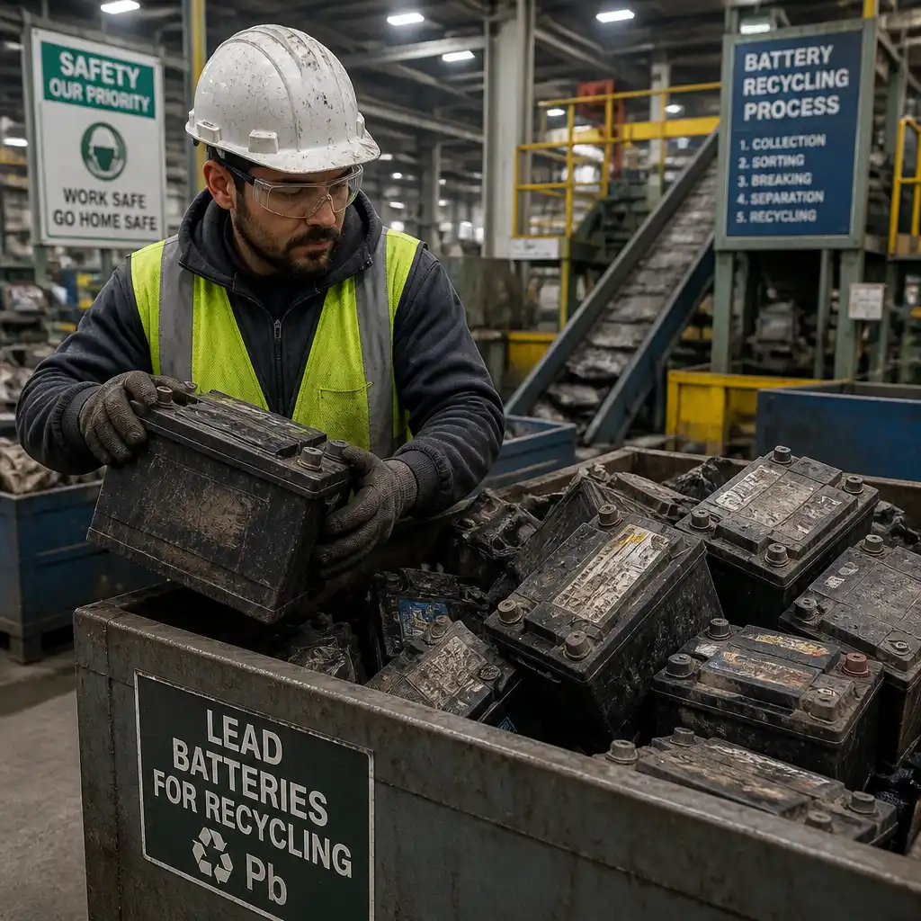 Worker sorting lead-acid batteries for scrap recycling at a Sydney facility