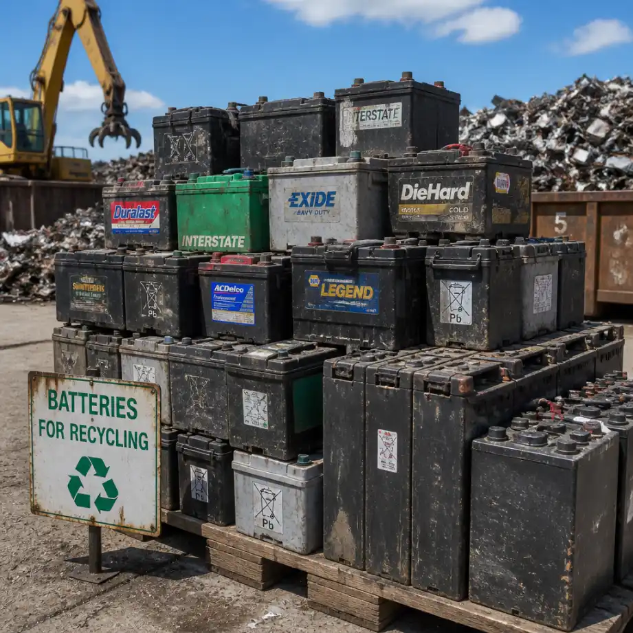 Stacked used car batteries ready for scrap recycling at a Sydney facility