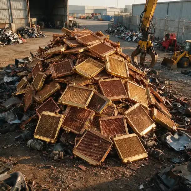 Pile of copper brass car radiators collected for scrap recycling in Sydney