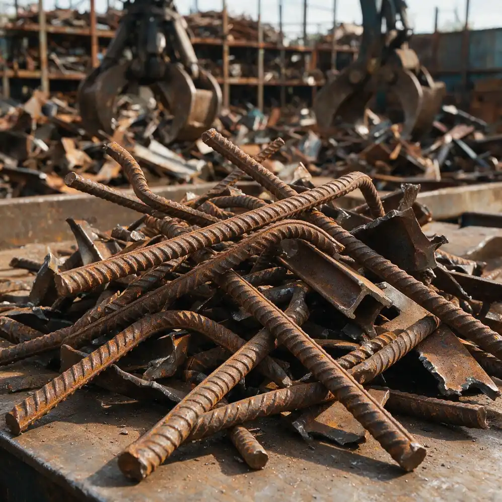 Rusted rebar and demolition steel scrap piled at a Sydney recycling yard