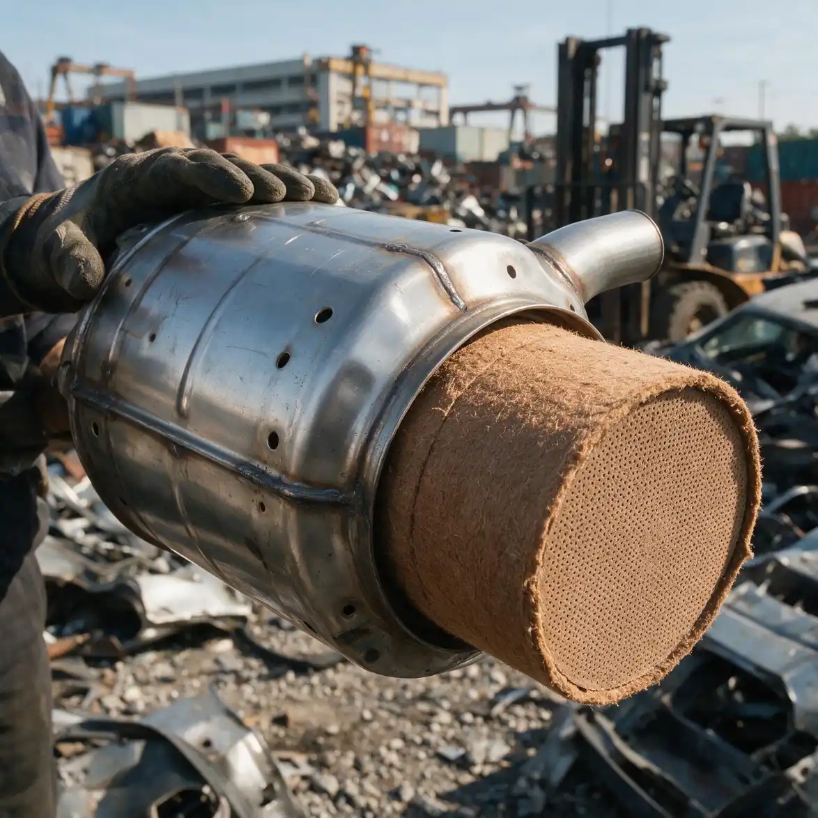 Close-up of a cut diesel particulate filter revealing the ceramic honeycomb substrate at a Sydney scrap metal recycling yard